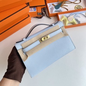 Hermès Mini Kelly Pochette сумка кожа Epsom T0 туманно-синяя зол