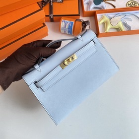 Hermès Mini Kelly Pochette сумка кожа Epsom T0 туманно-синяя зол