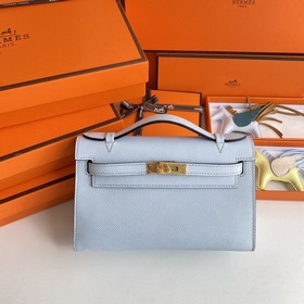 Hermès Mini Kelly Pochette сумка кожа Epsom T0 туманно-синяя зол