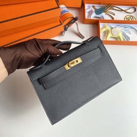 Hermès Mini Kelly Pochette сумка-клатч из кожи Epsom, черная, с з