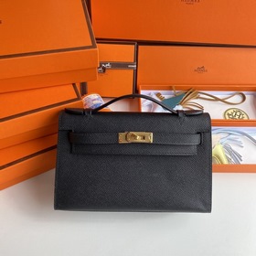 Hermès Mini Kelly Pochette сумка-клатч из кожи Epsom, черная, с з