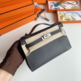 Hermès Mini Kelly Pochette сумка-клатч, кожа Epsom, черная, сереб