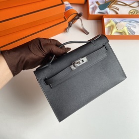 Hermès Mini Kelly Pochette сумка-клатч, кожа Epsom, черная, сереб