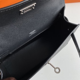 Hermès Mini Kelly Pochette сумка-клатч, кожа Epsom, черная, сереб