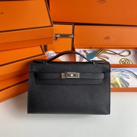 Hermès Mini Kelly Pochette сумка-клатч, кожа Epsom, черная, сереб