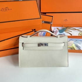 Hermès Mini Kelly Pochette сумка кожа Epsom, цвет молочный, сере