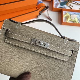 Hermès Mini Kelly Pochette сумка кожа Epsom, серый цвет, серебря