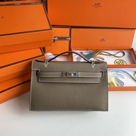 Hermès Mini Kelly Pochette сумка кожа Epsom, серый цвет, серебря