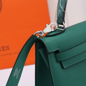 Сумка Hermes Kelly через плечо, павлиний зеленый с золотыми сереб