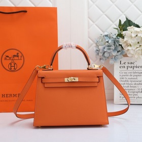 Сумка Hermes Kelly через плечо, оранжевая с золотыми серебряными