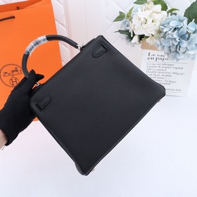 Сумка Hermes Kelly через плечо, черная с золотыми серебряными зас