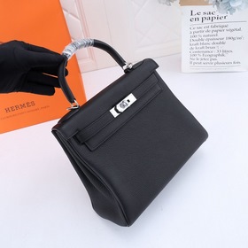 Сумка Hermes Kelly через плечо, черная с золотыми серебряными зас