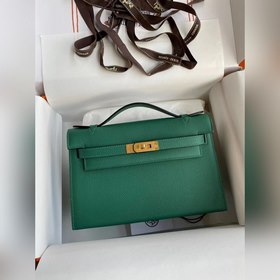 Hermes Mini Kelly Pouchette Сумка-клатч, зеленая с золотыми сереб