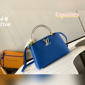 LV Capucines сумка, модель N93799, синий цвет с золотой пряжкой в
