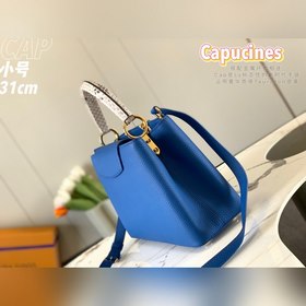 LV Capucines сумка, модель N93799, синий цвет с золотой пряжкой в