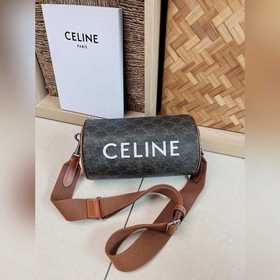 CELINE Сумка-цилиндр с логотипом Логотип Кожаная окантовка, ткане
