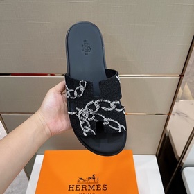 Классические мужские тапочки HERMES — верх из кожи высшего качест