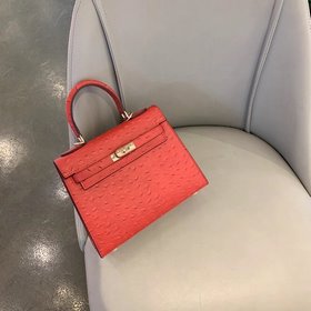 Hermès Kelly с узором «страусиная кожа» ~ ярко-красный Размер： 2