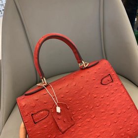 Hermès Kelly с узором «страусиная кожа» ~ ярко-красный Размер： 2