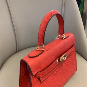 Hermès Kelly с узором «страусиная кожа» ~ ярко-красный Размер： 2