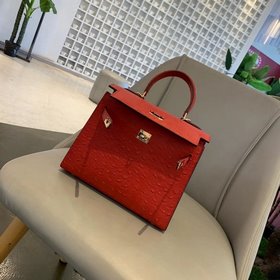 Hermès Kelly с узором «страусиная кожа» ~ ярко-красный Размер： 2