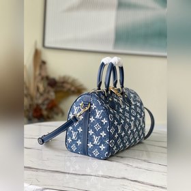 LV Артикул： M59609 Синяя сумка Speedy 25 Джутовый декор и отделк