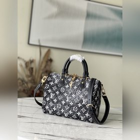 LV Модель： M59609 Черная сумка Speedy 25 Джутовый декор из джинс