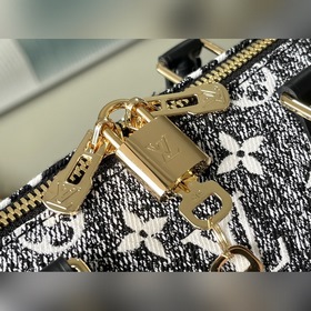 LV Модель： M59609 Черная сумка Speedy 25 Джутовый декор из джинс