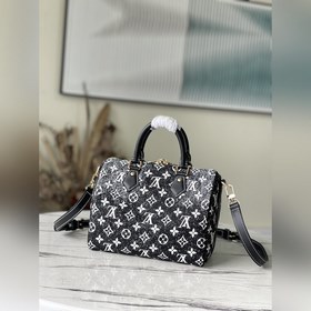 LV Модель： M59609 Черная сумка Speedy 25 Джутовый декор из джинс