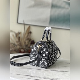 LV Модель： M59609 Черная сумка Speedy 25 Джутовый декор из джинс