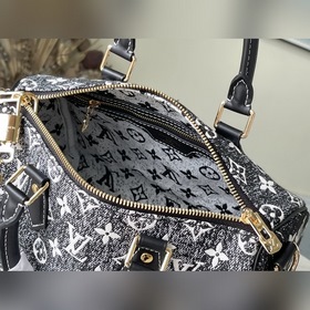 LV Модель： M59609 Черная сумка Speedy 25 Джутовый декор из джинс