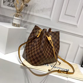 LV  Сумка-бакет Damier Ebène Покрытый слоем ткани Гладкая кожана