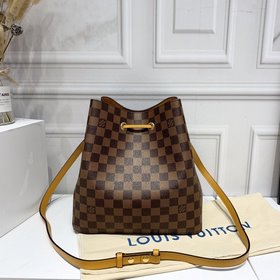 LV  Сумка-бакет Damier Ebène Покрытый слоем ткани Гладкая кожана